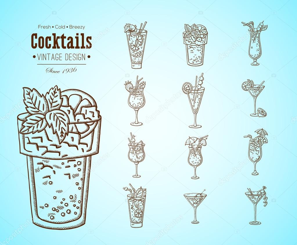 A large set of fresh cocktails.