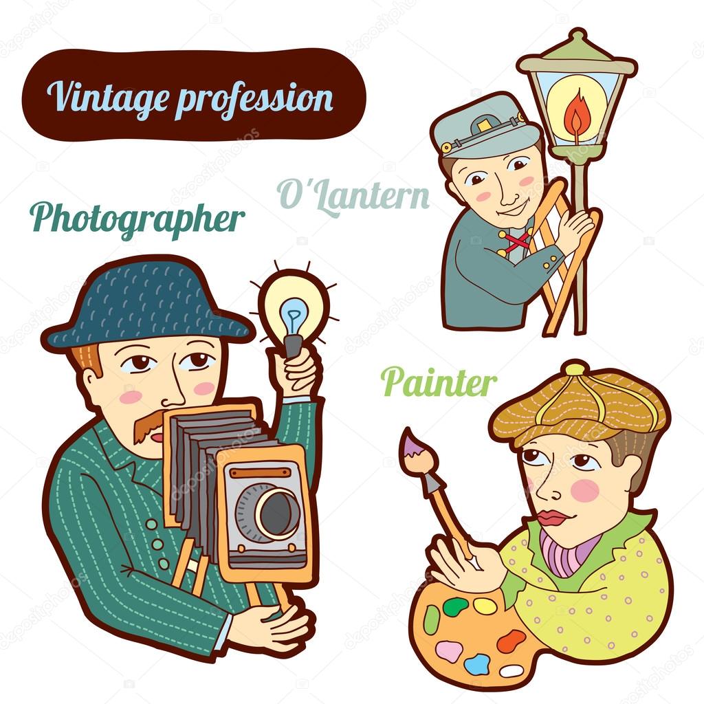 Set of vintage profession, cartoon style. Child illustration.