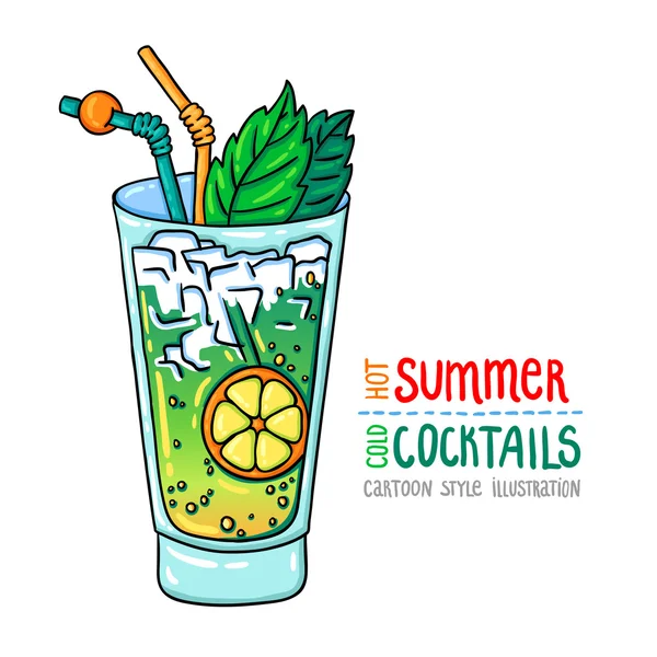 Иллюстрация свежего коктейля в стиле мультфильма. Горячее лето - холодные коктейли . — стоковый вектор