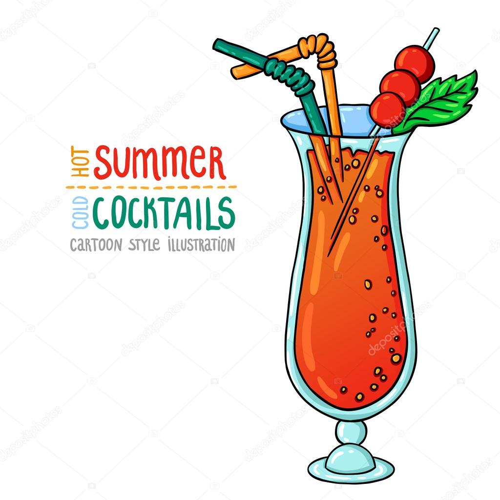 Cartoon style illustration of fresh cocktail. Hot summer - cold cocktails.