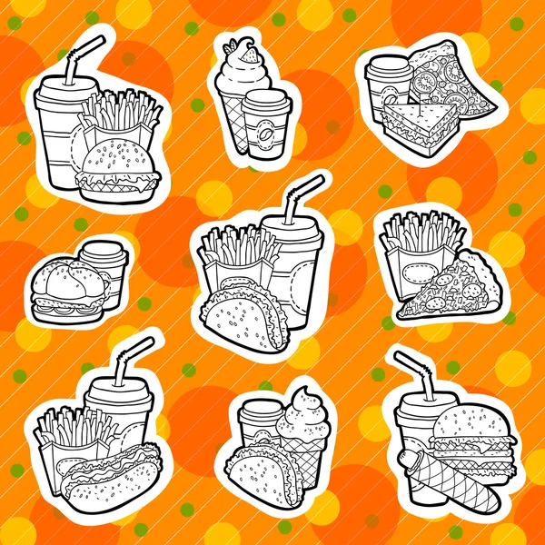 Línea de comida rápida ilustración. Diseño dinámico. Conjunto de iconos dibujados a mano. Objetos aislados . — Vector de stock