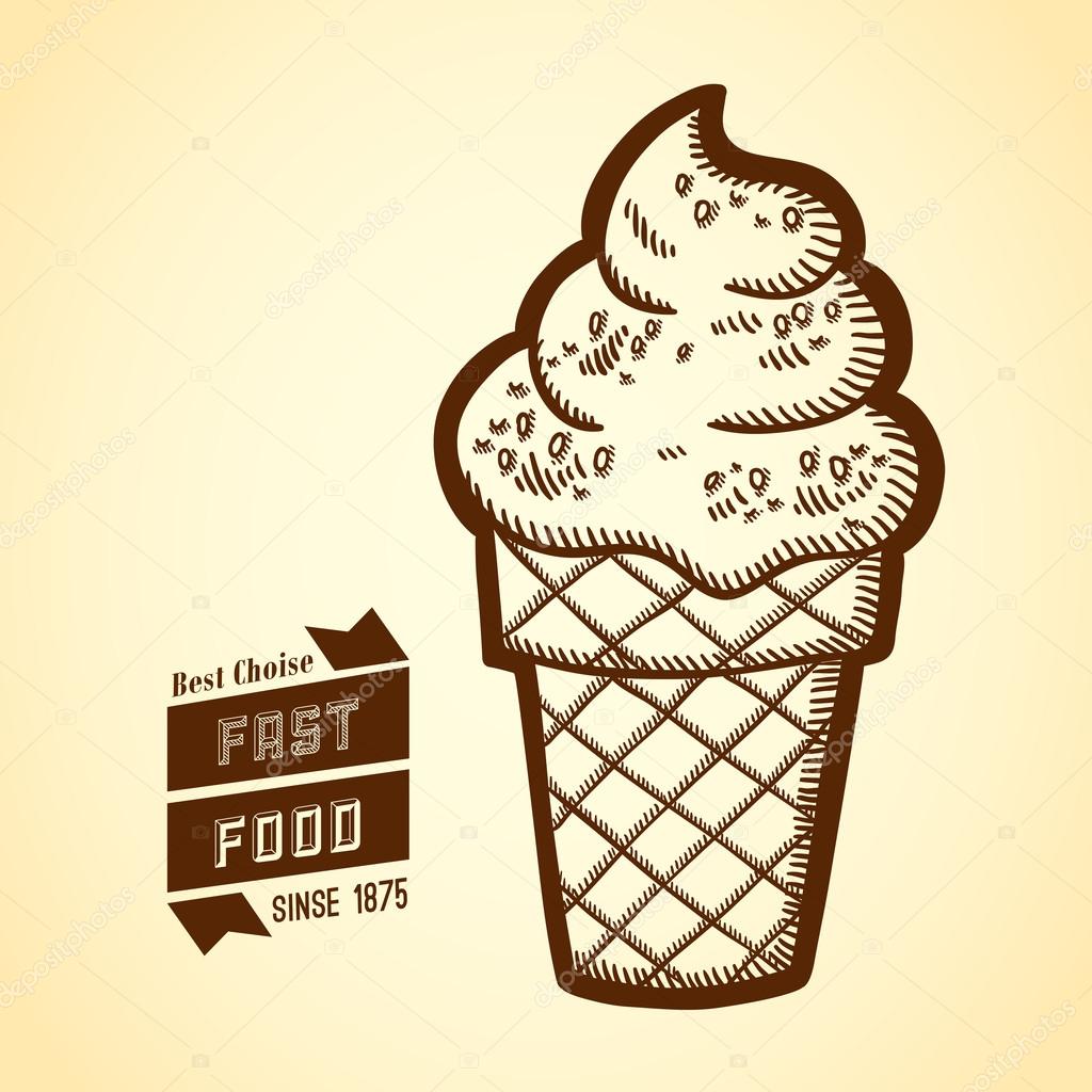 Detailed illustration of fast food in vintage style. Hand drawn. Isolated object on yellow background. Retro label.