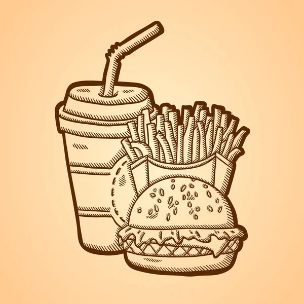 Detaylı şekilde vintage tarzı hızlı yiyecek. elle çizilmiş. yalıtılmış nesne Sarı zemin üzerinde.