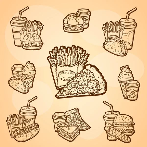 Een grote verzameling van fast food. gemakkelijk bewerkbare vector. geïsoleerde objecten. hand tekenen. Vintage etiket. — Stockvector