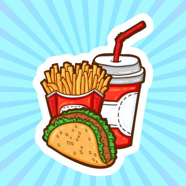fast food karikatür tarzı güzellik arka plan üzerinde ayarlayın. izole nesneleri. poster şablonu.
