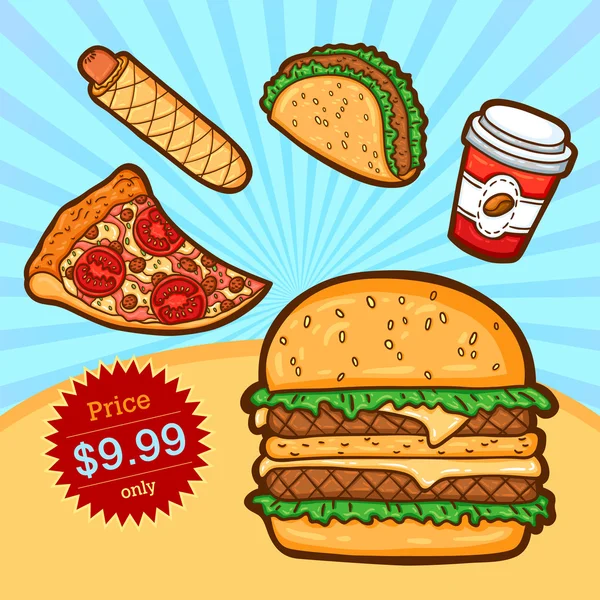 Conjunto de fast food. Objetos isolados em estilo cartoon. Modelo de cartaz . — Vetor de Stock