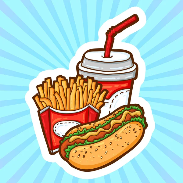 Conjunto de comida rápida en estilo de dibujos animados sobre fondo de belleza. Objetos aislados. Plantilla de cartel . — Vector de stock