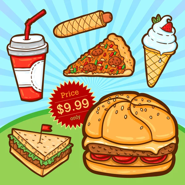 Set of fast food. Isolated objects in cartoon style. Poster template. — Stock Vector