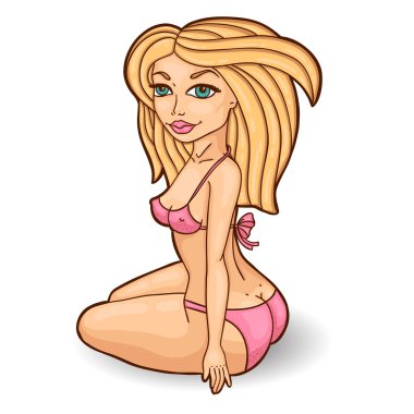 Beautiful sitting woman in swimsuit. Cartoon style illustration. Isolated object on white background.