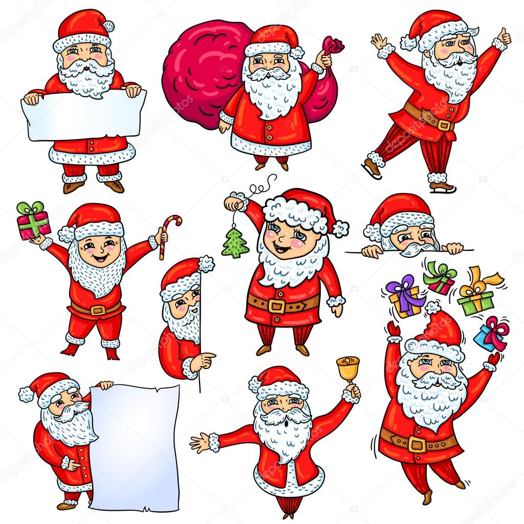 Set Of Santa Claus Cartoon Style Isolated Object On White
