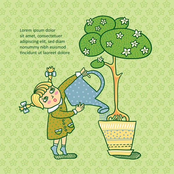 Girl pours tree. — Stock Vector