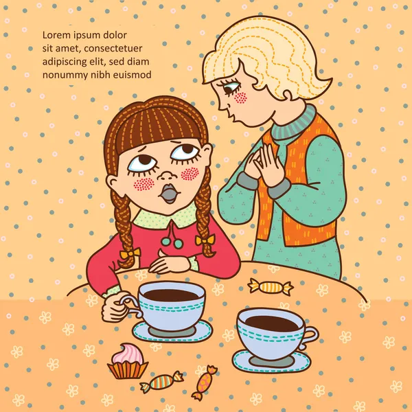 Twee meisjes met thee of koffie. — Stockvector