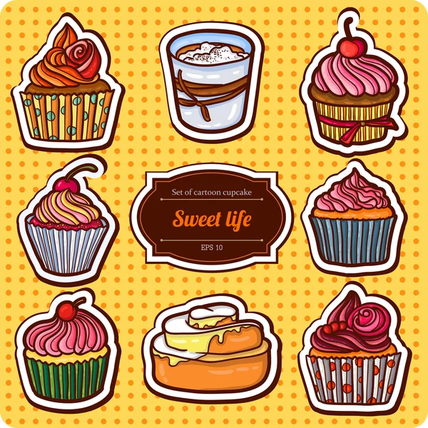 Conjunto de cupcakes estilo dibujos animados — Vector de stock