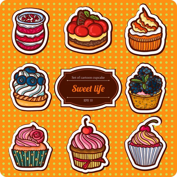 Conjunto de cupcakes estilo dibujos animados . — Vector de stock