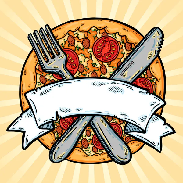 lezzetli pizza Illustration. tasarım şablonu. pizza kutusunu tasarım. Vintage etiket. karikatür tarzı.