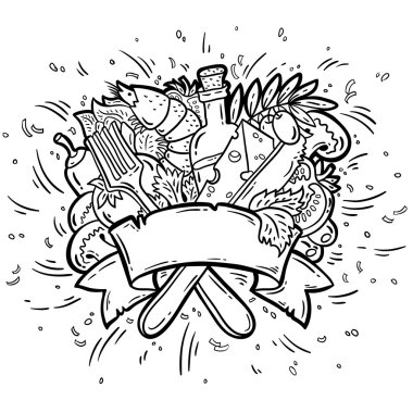 Vintage etiket pizza'nın elemanları ile. çatal & bıçak. karikatür tarzı. tasarım şablonu. pizza kutusunu Tasarım.