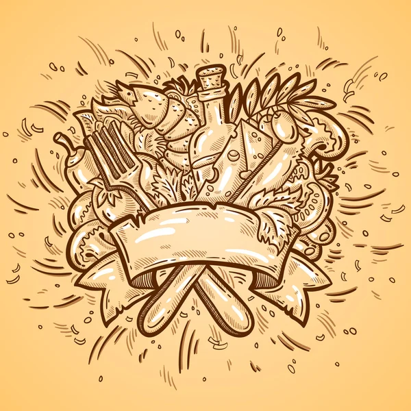 Vintage etiket pizza'nın elemanları ile. çatal & bıçak. karikatür tarzı. tasarım şablonu. pizza kutusunu Tasarım.