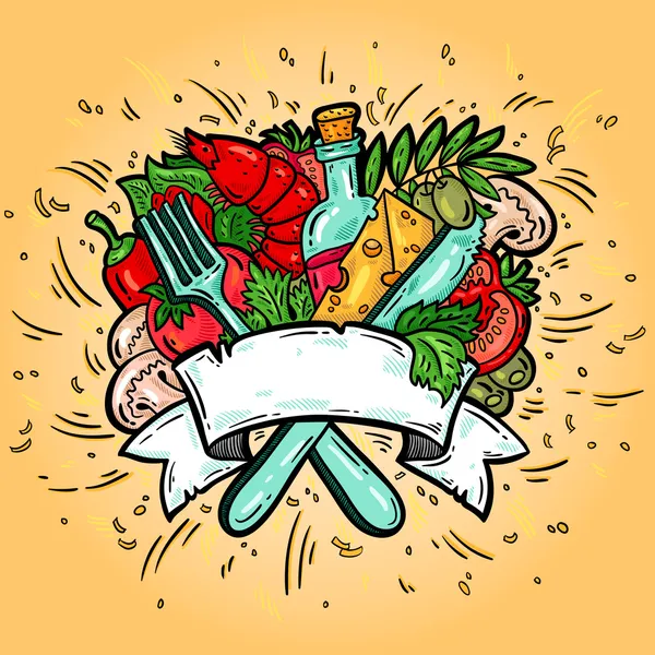 Vintage etiket pizza'nın elemanları ile. çatal & bıçak. karikatür tarzı. tasarım şablonu. pizza kutusunu Tasarım.