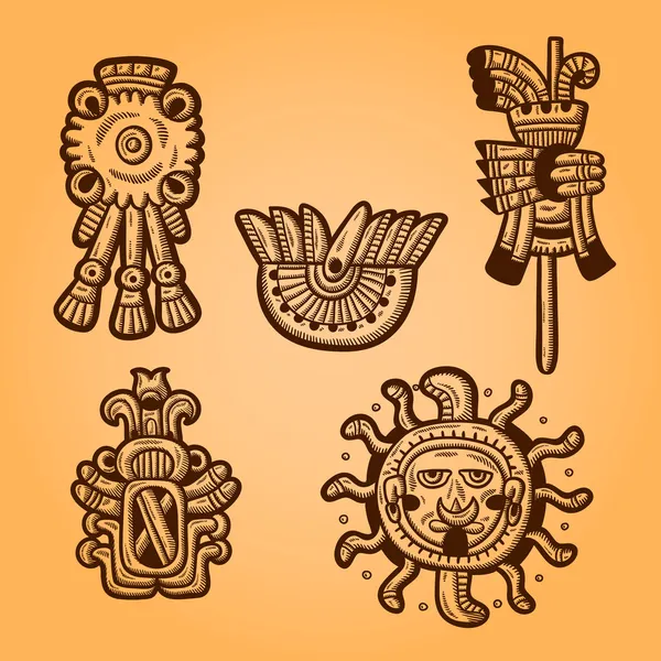 Objetos maias. Estilo retrô. Gravura. Desenhos Maya. Elementos de design Maya . — Vetor de Stock