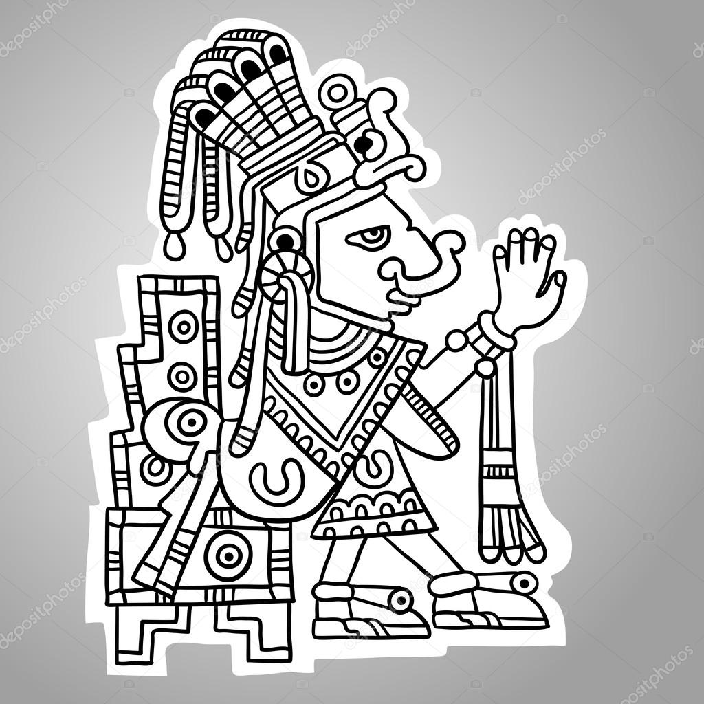 Person. Illustration of the Maya object. Maya design elements. Black and white.