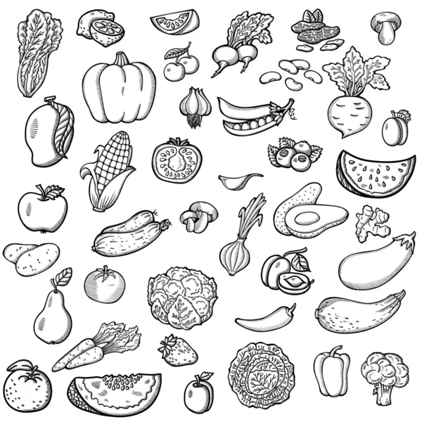 Set of vegetables and fruits. For menu. Hand drawing, retro. Healthy food. Vintage style. — Stock Vector