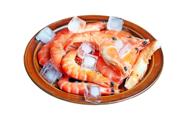 Camarones rojos frescos con hielo en el plato — Foto de Stock