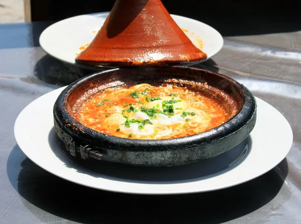 Morocco national dish - tajine of meet with eggs and vegetables — Stock Photo, Image