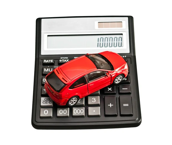 Carro de brinquedo e calculadora. Conceito para comprar, alugar, seguro — Fotografia de Stock