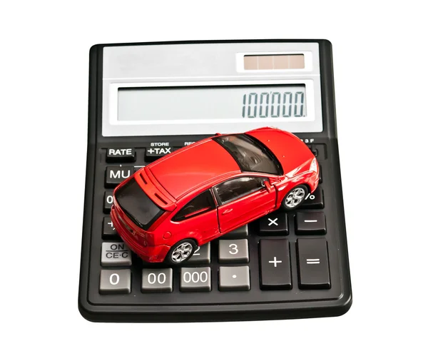 Coche de juguete y calculadora. Concepto de compra, alquiler, seguro — Foto de Stock