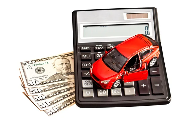 Toy car, calculator and money over white. Rent, buy or insurance — Stock Photo, Image