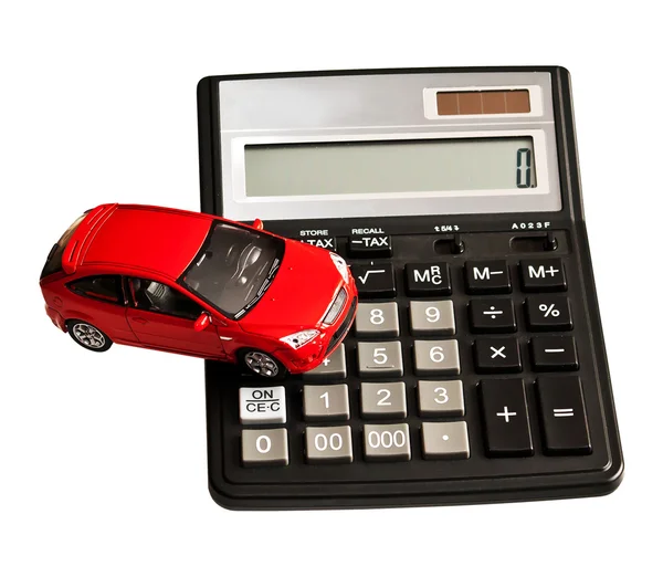 Carro de brinquedo e calculadora. Conceito para comprar, alugar, seguro , — Fotografia de Stock