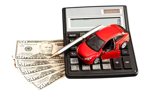 Toy car, money and calculator over white. Concept for buying, re — Stock Photo, Image