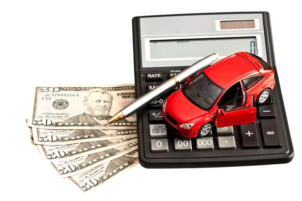 Іграшковий автомобіль, гроші і калькулятор над білим. Концепція купівлі, re Стокова Картинка