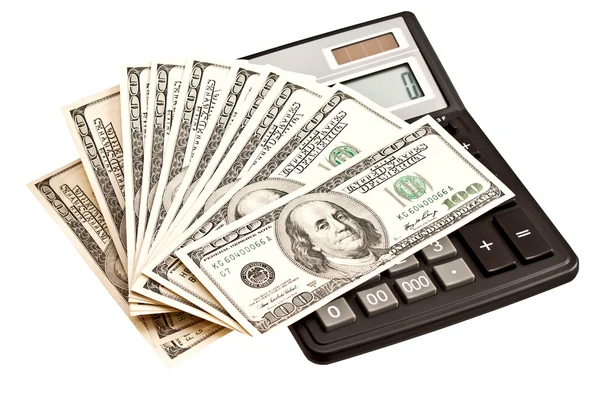Деловая картина: деньги и калькулятор поверх белого — стоковое фото