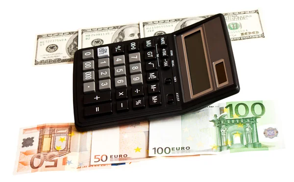 Business picture: money and calculator over white — Stock Photo, Image