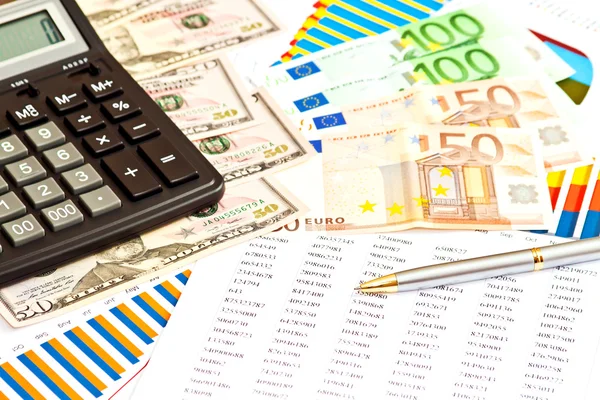 Geld, Finanzgrafiken und andere geschäftliche Dinge — Stockfoto