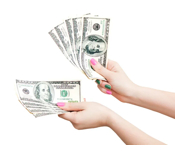 Kobieta ręce licząc 100 US Dolar banknotów, na białym tle na wh — Zdjęcie stockowe