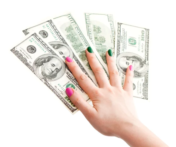 Frau hält 100-Dollar-Scheine in der Hand — Stockfoto