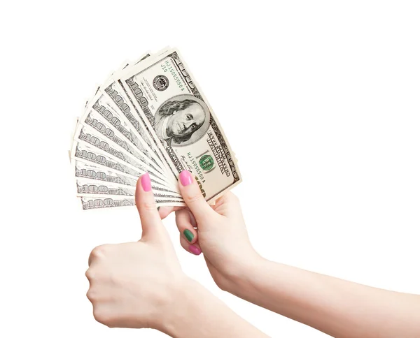 Γυναίκα χέρια εμφάνιση αντίχειρες επάνω και δείχνει τα χρήματα, που απομονώνονται σε — Φωτογραφία Αρχείου