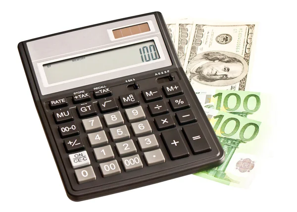 Деловая картина: деньги и калькулятор поверх белого — стоковое фото