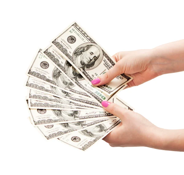 Frauenhände halten 100-Dollar-Banknoten, isoliert auf einem — Stockfoto