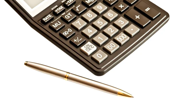 Business picture: calculator and pen isolated on white backgroun — Stock Photo, Image