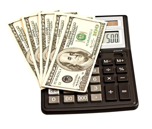 Imagem do negócio: dinheiro e calculadora sobre o branco — Fotografia de Stock