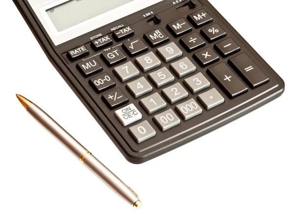 Obraz firmy: kalkulator i pióra na białym tle na biały deseń — Zdjęcie stockowe