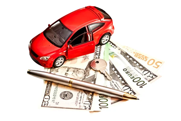 Toy car, key and money over white. Rent, buy or insurance car co — Stock Photo, Image