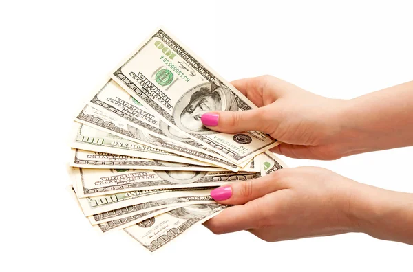 Kobieta ręce, trzymając 100 US Dolar banknotów — Zdjęcie stockowe