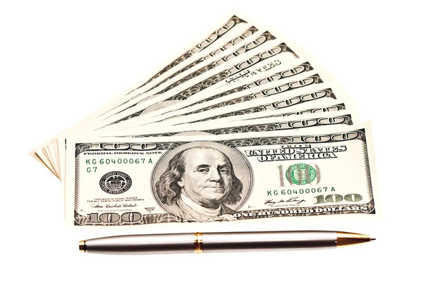 Geschäftsbild: Geld und Stift über Weiß — Stockfoto