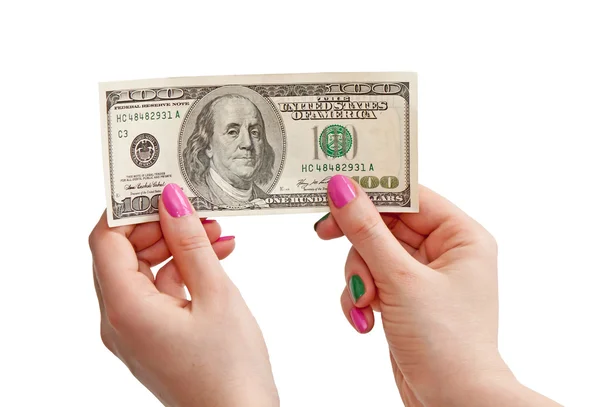 Γυναίκα χέρι που κρατά 100 ΗΠΑ Δολάριο τραπεζογραμματίων, που απομονώνονται σε λευκό — Φωτογραφία Αρχείου