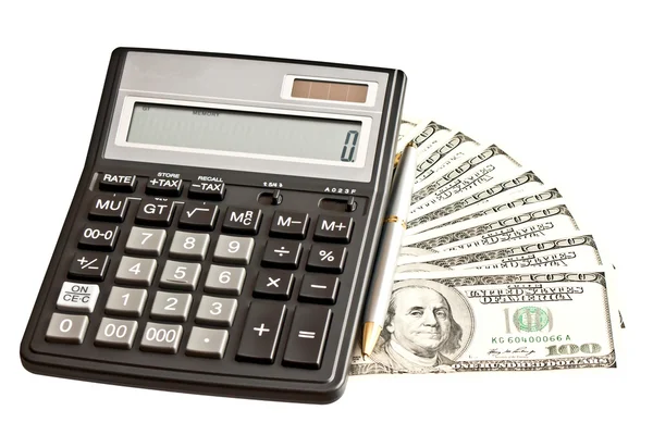 Imagem do negócio: dinheiro e calculadora sobre o branco — Fotografia de Stock