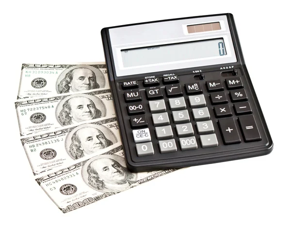 Obraz firmy: pieniądze i kalkulator nad białym — Zdjęcie stockowe
